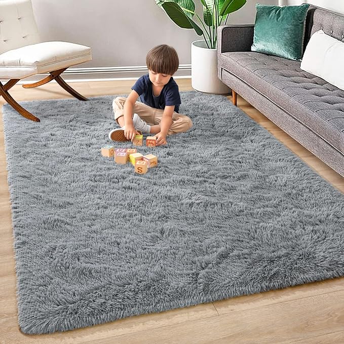 Super Soft Fluffy Shaggy Rugs 6x9 Feet for Living Room Bedroom, Fuzzy Plush Area Rugs for Girls Kids Room Nursery Home Decor, Furry Dorm Throw Rug Cute Non-Slip Indoor Floor Carpet, Grey