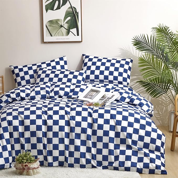 Wellboo Blue White Plaid Comforter Sets California King Diamond Royal Blue and White Checkerboard Grid Bedding Comforters Cal King Cotton Modern Jewelry Blue Checkered Geometric Quilts Sapphire Bed
