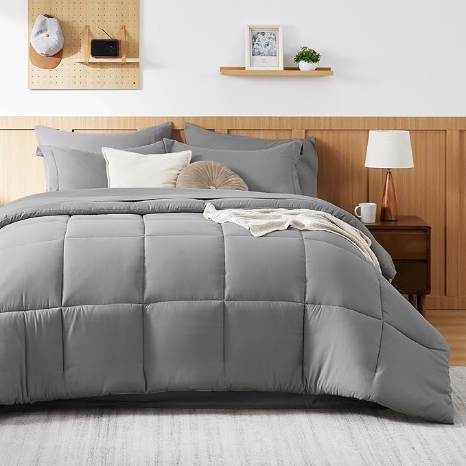 Bedsure Full Size Comforter Set - 7 Pieces Solid Full Bed in a Bag, Full Bed Set Grey with Quilted Warm Fluffy Comforters, Sheets, Pillowcases & Shams