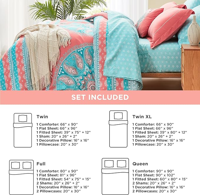 Degrees of Comfort Full Size Coral Comforter Sets for Girls, Boho Mandala Bed in A Bag with sheet, Microfiber Bed Set with Side Pockets, Matching Decorative Pillow, 8 Piece