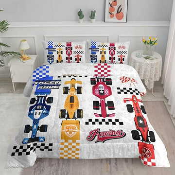 Axolotl Racing Car Comforter Set Queen Size,Colorful Sports Car Bedding Set for Kids Boys Teen Adult,Extreme Speed Race Bedding Sets Car Theme Bedroom Decor with 1 Comforter and 2 Pillowcases