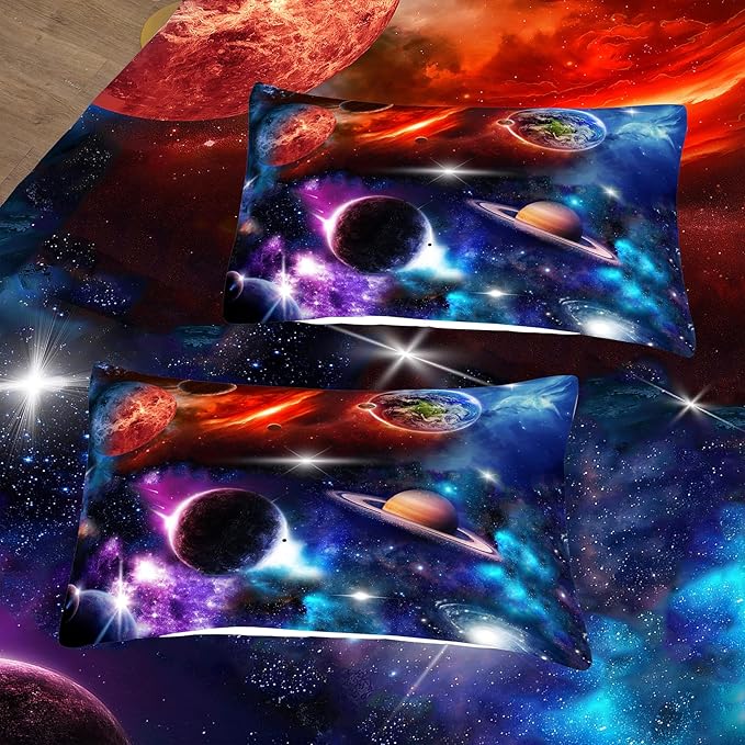 NINENINE Space Bedding Set Full Size for Girls Boys Kids,Purple Galaxy Comforter Set Outer Space Earth Planets Stars Theme Solar Galaxy Bedding System Bed Set with 1 Space Comforter 2 Pillowcases…