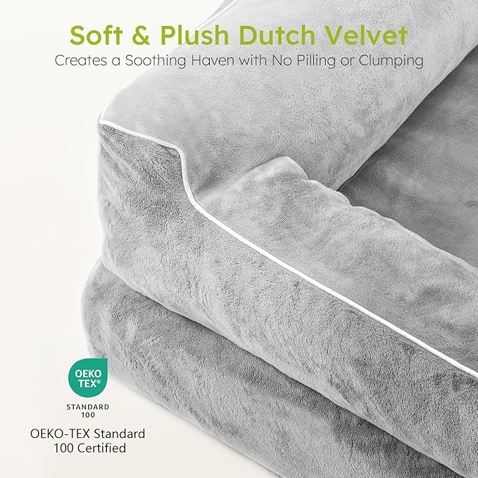 Dog Beds for Large Dogs, Orthopedic Dog Bed with Cooling Gel Memory Foam, Waterproof Large Dog Bed with Removable Washable Cover, 36" Dog Sofa Couch Dutch Velvet with Bone Toy, Light Gray