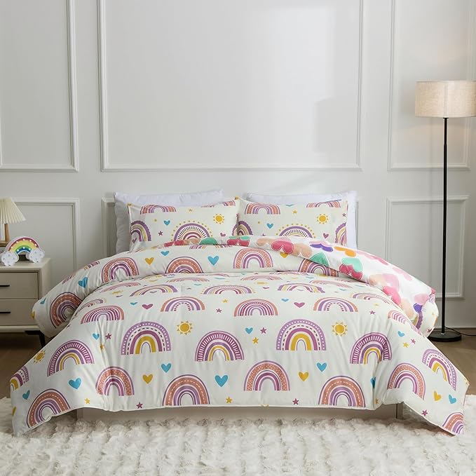 Btargot Lightweight Soft 3 Piece Rainbow Comforter Set with 2 Pillow Covers, Cartoon Love Hearts Suns and Stars Bedding Set for Girls Boys Kids, Queen Purple