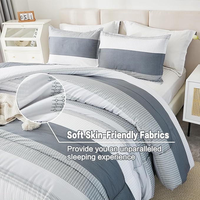 Litanika Comforter King Size Bed Set Light Grey - 3 Pieces Lightweight Bedding Comforter Sets Gray White Colorblock Stripe Fluffy All Season Bed Set