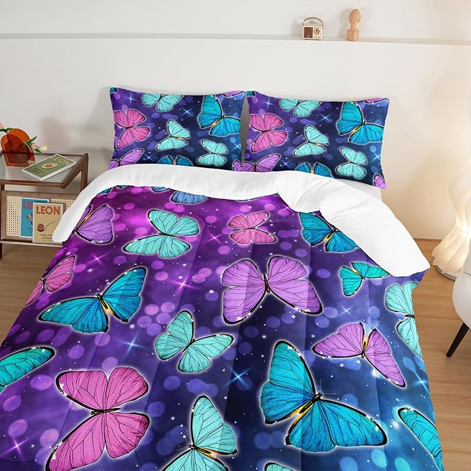 HOSIMA Butterfly Comforter Set with 2 Pillowcases,Glitter Purple Blue Butterfly Printed Bedding Queen Comforter Set for Adults Kids,Starry Sky Galaxy Comforter Butterfly Room Decor Aesthetics.