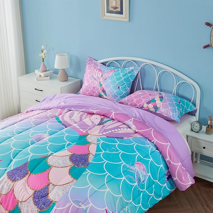 Twin/Twin XL Comforter Set for Girls Mermaid Tail Rainbow Scales Bedding Set 2 Pieces Twin Size Comforter with Pillowcase for Kids, Teenagers