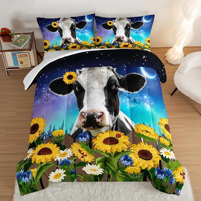 HOSIMA Cow Print Comforter Set with 2 Pillowcases,Farm Animal Theme Comforter Western Bedding Set Queen Size for Adults Teens Kids,Farm Starry Sky Toddler Comforter Sunflower Bedding Set.