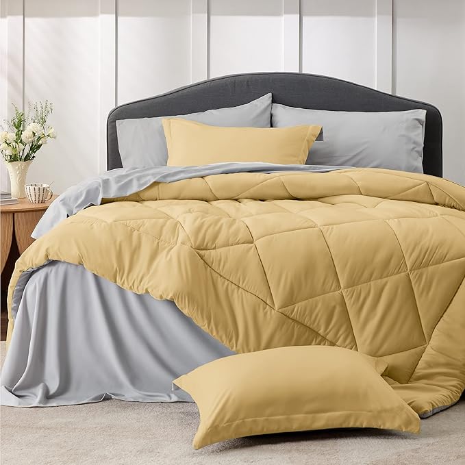 Bedsure Yellow King Size Comforter Set - 7 Pieces Reversible King Bed in a Bag King Bed Set with Comforters, Sheets, Pillowcases & Shams, King Bedding Sets