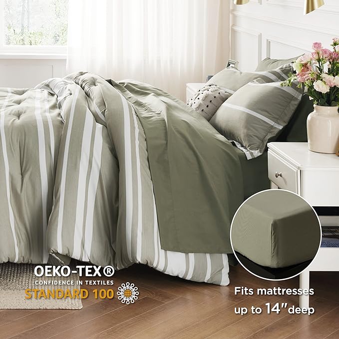 Bedsure Bed in a Bag Twin Size 5 Pieces, Olive Green White Striped Bedding Comforter Sets All Season Bed Set with 1 Pillow Sham, Flat Sheet, Fitted Sheet and 1 Pillowcase