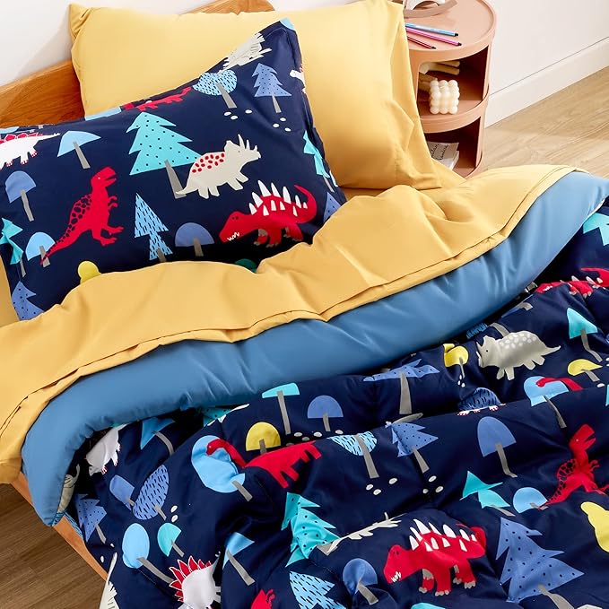 SLEEP ZONE Kids Bedding Comforter Set Full/Queen Size - Super Cute & Soft Kids Bedding 7 Pieces Set with Comforter, Sheet, Pillowcase & Sham (Dinosaur Land)