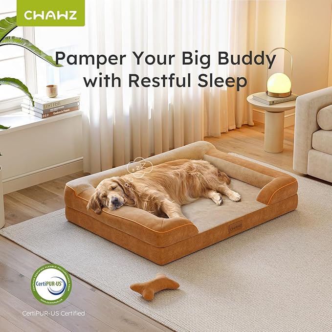 Extra Large Dog Bed, Orthopedic Dog Beds with Cooling Gel Memory Foam, Waterproof XL Pet Bed with Removable Washable Cover, 42" Pet Sofa Couch Dutch Velvet with Bone Toy, Brown