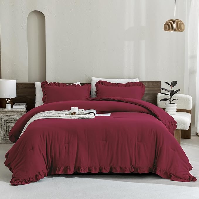 Andency Burgundy Comforter Set Queen Size, 3 Pieces Shabby Chic Ruffle Bedding Comforter Sets for Queen Bed, Lightweight Fluffy Soft Microfiber Farmhouse Comforter Set