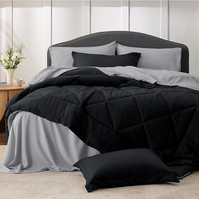 Bedsure Black Comforter Set King - 7 Pieces Reversible Black Bed Set King, Black Bedding Set King with Comforters, Sheets, Pillowcases & Shams, King Size Black Bed in a Bag