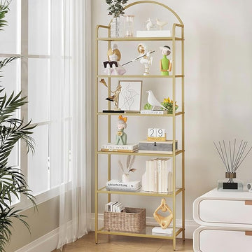 Bookcase Bookshelf, Tempered Glass Bookshelves, Slim Shelving Unit for Bedroom, Bathroom, Home Office, Steel Frame, 6 Tier Gold BC21699G