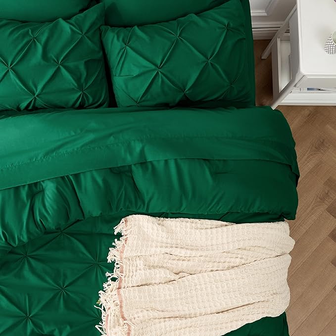 Bedsure King Size Comforter Set - Bedding Set King 7 Pieces, Pintuck Bed in a Bag Dark Green Bed Set with Comforter, Sheets, Pillowcases & Shams