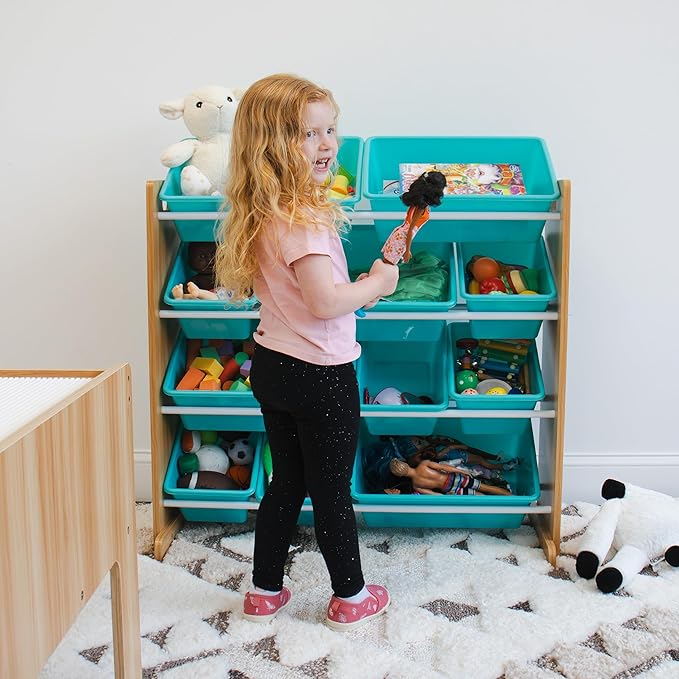 Humble Crew, Natural Wood/Aqua 12 Bin Toy Storage Organizer