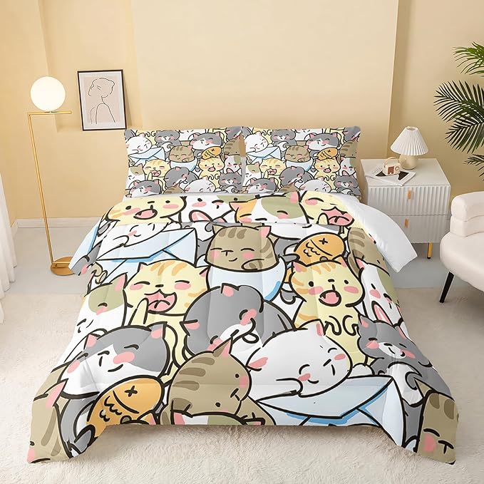 Kawaii Cat Comforter King Size,Cute Cat Comforter Set for Kids Teens Girls,3Pcs Bedding Set Printed Comforter with 2 Pillowcases,Down Alternative,Soft and Lightweight，King Size