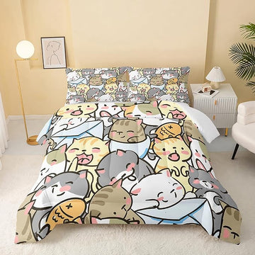 Kawaii Cat Comforter Twin Size,Cute Cat Comforter Set for Kids Teens Girls,3Pcs Bedding Set Printed Comforter with 2 Pillowcases,Down Alternative,Soft and Lightweight，Twin Size