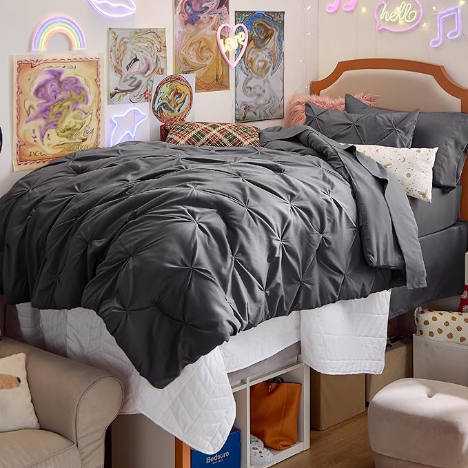 Bedsure Twin XL Comforter Set for Boys - Extra Long 5 Pieces Dorm Bedding Sets, Pinch Pleat Dark Grey Bed in a Bag with Comforter, Sheets, Pillowcase & Sham