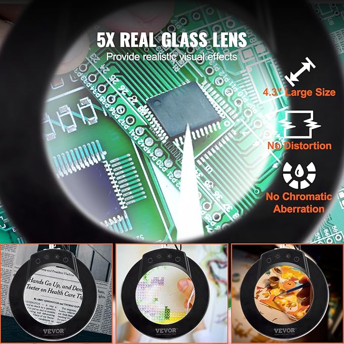 VEVOR Magnifying Glass with Light and Stand, 5X Magnifying Lamp, 4.3" Glass Lens, Base and Clamp 2-in-1 Desk Magnifier with Light, 64 LED Lights 5 Color Modes, for Close Work Reading Repair Crafts