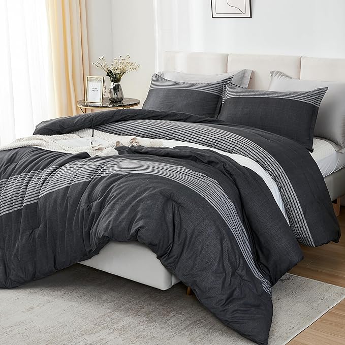 Litanika California King Comforter Set Black White Grey - 3 Pieces Cal King Oversized Lightweight Colorblock Stripe Bedding Set (104x96In, 2 Pillowcases)