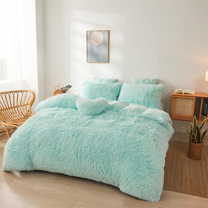 FOPPA Green Comforter Cover Set - Ultra Soft Plush Bedding Sets 3 Pieces (1 Faux Fur Duvet Cover + 2 Faux Fur Pillow case) Green Bed Set(Mint Green, Queen)