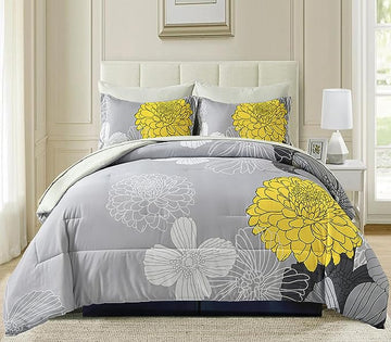 7 Pieces Bed in a Bag Comforter Set Yellow Floral Comforter Flowers Soft Microfiber Bedding Set King Size (1 Comforter 1 Flat Sheet 1 Fitted Sheet 2 Pillowshams 2 Pillowcases)