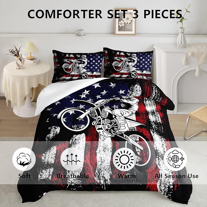 Axolotl Dirt Bike Comforter Set Full,American Flag Bedding Set,Motocross Comforter Set,White Red Stripes Stars Comforter Set,Motorcycle Racer Comforter for Boys Kids Teens Men,1 Quilt 2 Pillowcases