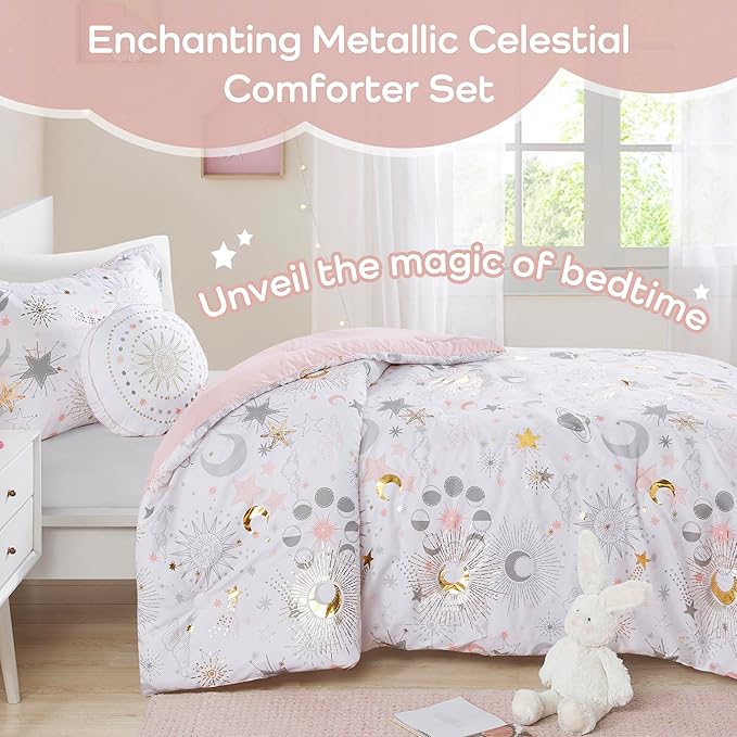 Mi Zone Kids Full Comforter Set, Celestial Metallic Comforter Set Starry Sky, Moon & Sun Comforters, All Seasons Lightweight & Fluffy Comforter Bed Set, 2 Shams, Celia, Full/Queen, Blush/Gold 4 Piece