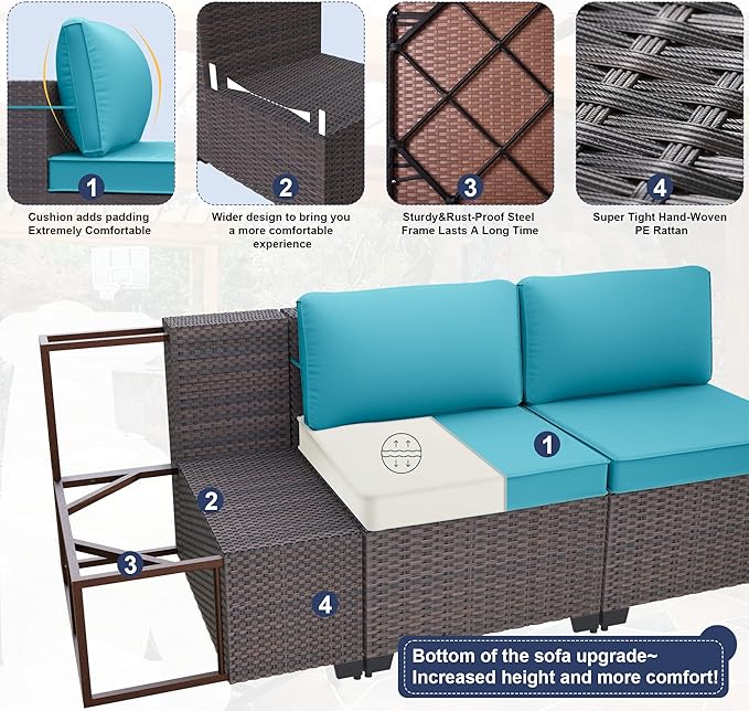 Patio Furniture Sectional Sofa Set 10-Pieces PE Rattan Patio Conversation Set w/43in Gas Fire Pit Table, Outdoor Furniture with 55000 BTU Propane Fire Pit, Blue