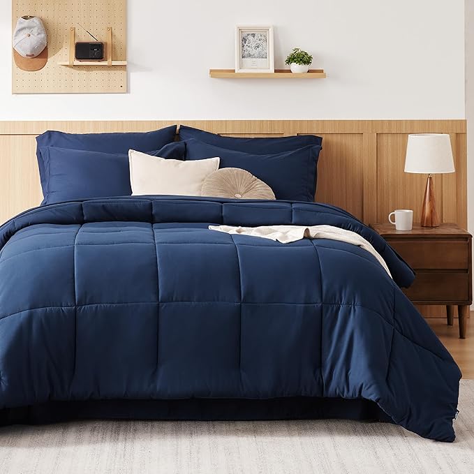Bedsure Navy Full Comforter Set - 7 Pieces Solid Full Bed in a Bag, Full Bed Set Navy with Quilted Warm Fluffy Comforters, Sheets, Pillowcases & Shams