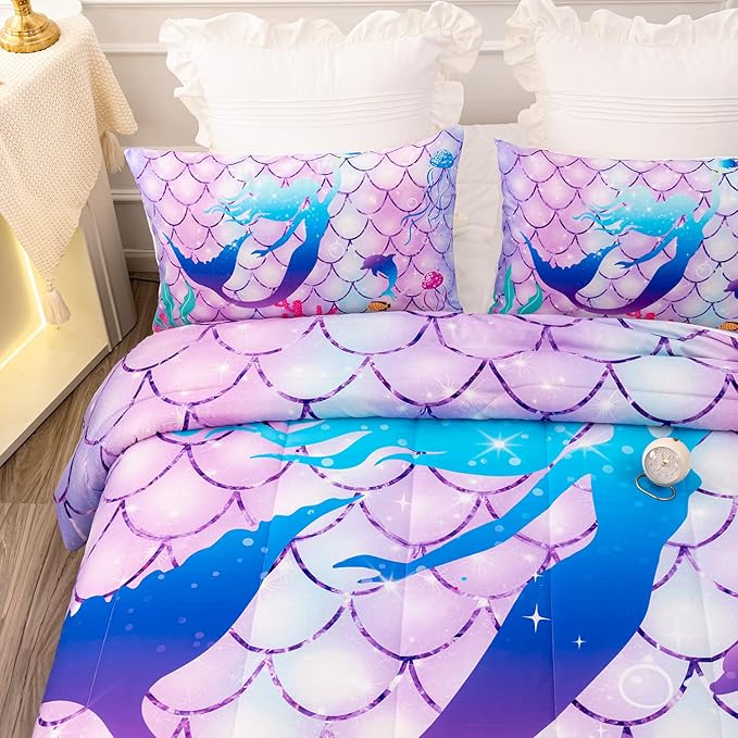 CVHOUSE Mermaid Comforter Set,Rainbow Mermaid Bedding Set for Girls Kids Teens,Rainbow Mermaid Comforter Mermaid Duvet Set Room Decor Quilt Set Full Size