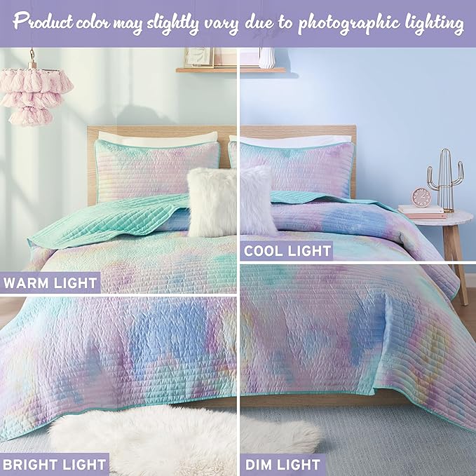 Intelligent Design Twin Quilt Set Boho Quilt Set, Watercolor Tie-Dye Coverlet Set, Casual & Trendy Quilted Lightweight Bedspread, All Season Bed Set, Sham, Cassiopeia, Twin/Twin XL, Pink/Blue 3 Piece