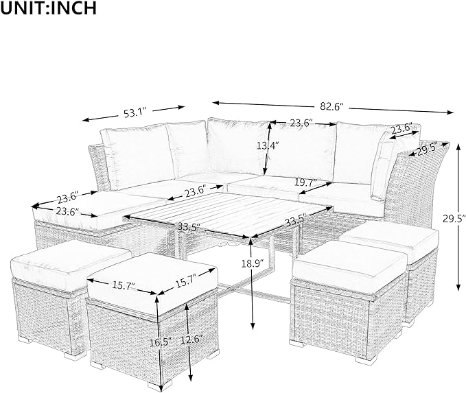 9-Pieces Outdoor Rattan Sectional Sofa Set, Wicker Patio Conversation Furniture with L-shape Couch&Storage Ottomans, Acacia Wood Coffee Table, for Garden Yard, Gray Wicker&Beige Cushion