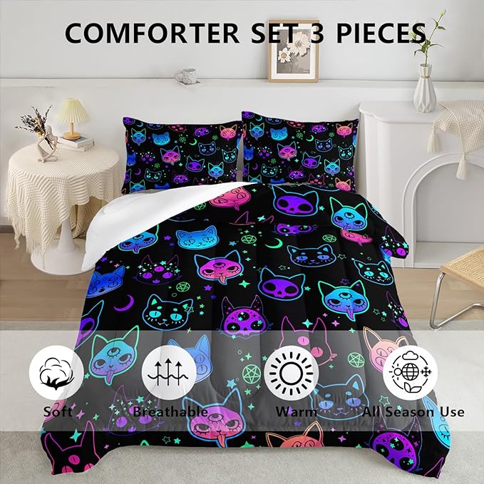 Axolotl Cat Comforter Set Full,Kawaii Trippy Cat Moon Stars Bedding Set with 1 Comforter 2 Pillowcases for Kids Boys Girls Teens Adults Room Decor All Season,Colorful Neon Trippy Bed Set