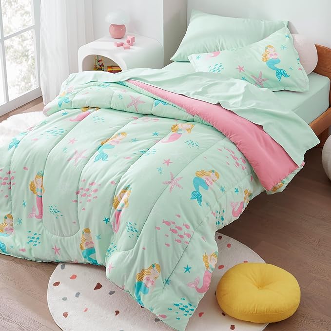 SLEEP ZONE Kids Bedding Comforter Set Full/Queen Size - Super Cute & Soft Kids Bedding 7 Pieces Set with Comforter, Sheet, Pillowcase & Sham (Mermaid Princess)