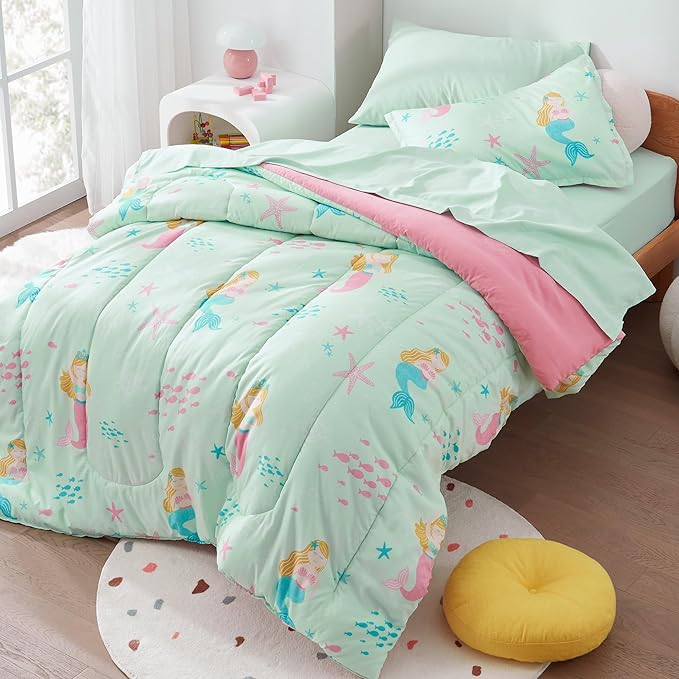 SLEEP ZONE Kids Bedding Comforter Set, Cute Pattern & Super Soft 2 Pieces Bedding Sets, All Season for Girls, 1 Comforter, 1 Pillowcase, Fade Resistant (Mermaid Princess, Twin)