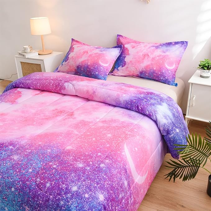 A Nice Night Galaxy Bedding Sets Outer Space Comforter 3D Printed Space Quilt Set Queen Size Glitter Pink Color,for Children Boy Girl Teen Kids