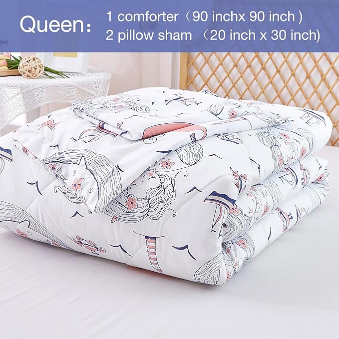 JSD Girls Mermaid Queen Comforter Set for Girls, 3 Piece Kids Printed Comforter with Pillow Shams, Soft Comfortable Machine Washable