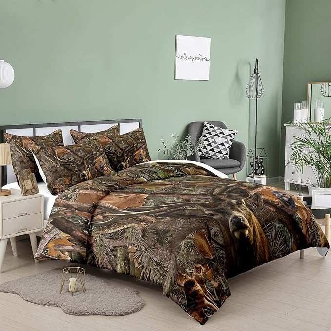 NINENINE Deer Bedding Sets Full Size for Boys Adult Teens Western Woodland Camo Comforter Moose Wildlife Forest Bedding,Bear Animals Hunting Bed Sets with 1 Comforter 2 Pillowcases