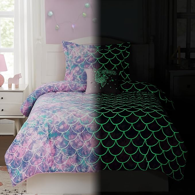 KALEIDOSPACE Pink Comforter Set Full for Kids, Glow in The Dark Mermaid Bedding Sets with Decor Pillow, 4 Pieces Girls Bed Set