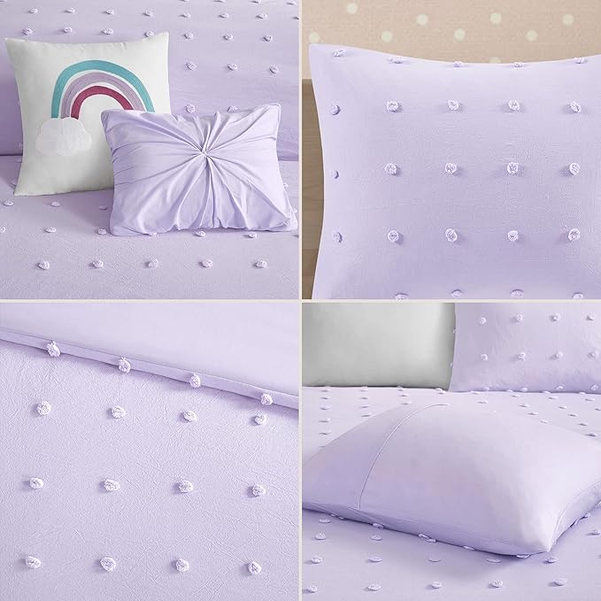 Callie Cotton Jacquard Weave Colorful Pom Pom Kids Comforter sets, Down Alternative Shabby Chic All Season Girls Bedding, Bedroom Decor, Twin/Twin XL, Lavender 4 Piece