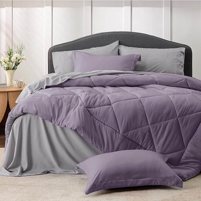 Bedsure Grayish Purple California King Size Comforter Set - 7 Pieces Reversible Cal King Bed in a Bag, Cal King Grayish Purple and Grey Bed Set with Comforters, Sheets, Pillowcases & Shams