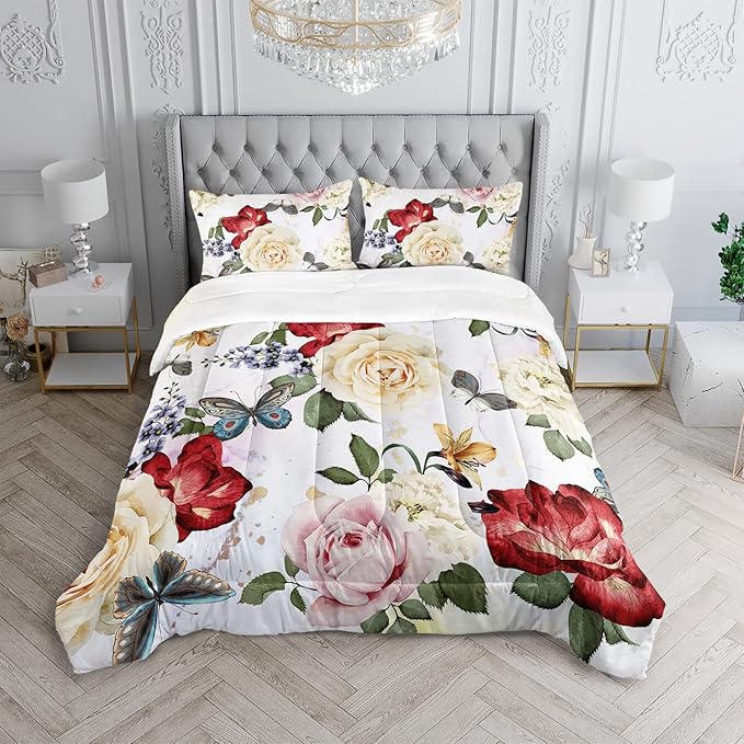 Butterfly Comforter Set for Girls Kids Adults Watercolor Butterfly Rose Bedding Set Aesthetics Butterflies Quilt Duvet Set Twin Size with 1 Comforter and 2 Pillowcases