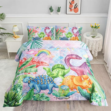 Datura home Kids Dinosaur Comforter Set for Girls Women,Cute Mermaid Scales and Rainbow Cloud Printed Pattern Kawaii Dinosaur Bedding Set with 2 Pillowcases(Dinosaur Rainbow Full)