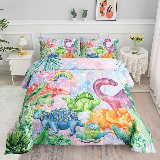 Datura home Kids Dinosaur Comforter Set for Girls Women,Cute Mermaid Scales and Rainbow Cloud Printed Pattern Kawaii Dinosaur Bedding Set with 2 Pillowcases(Dinosaur Rainbow Full)