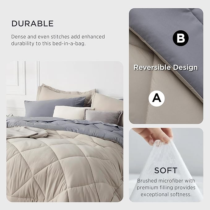 Bedsure Beige Comforter Set - 7 Pieces Reversible Bed in a Bag with Comforters, Sheets, Pillowcases & Shams, Bedding Sets