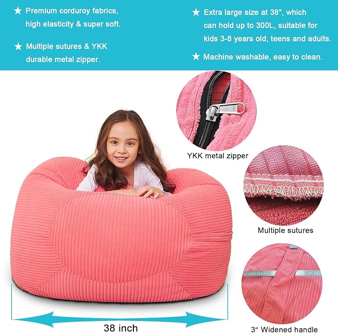 Stuffed Animal Storage Bean Bag Chair Cover for Kids, 38" Beanbag Chairs Cover Plush Toys Organizer Super Soft Corduroy with Handle and Zipper for Boys and Girls - Pink