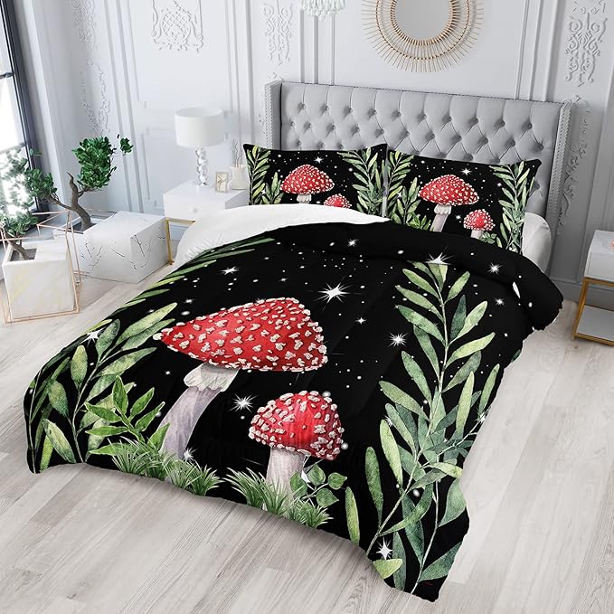 Galaxy Mushroom Comforter Set Queen Size Kids Mushroom Bedding Set Leaves Quilt Bed Set for Boys Girls Adults with 1 Comforter and 2 Pillowcases